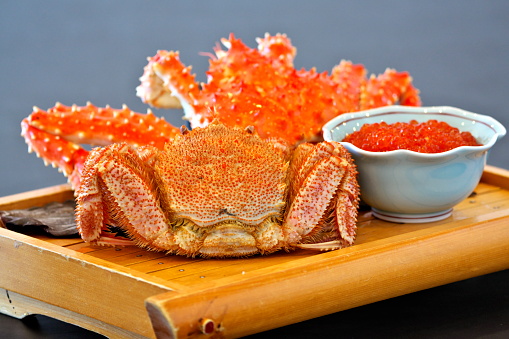 Hokkaido,Japan - June 21, 2022: Closeup of salmon caviar and Horsehair crab and King crab