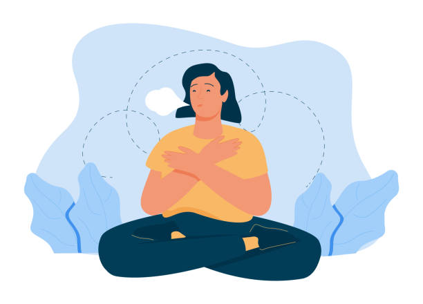 stockillustraties, clipart, cartoons en iconen met woman makes breathing exercise. girl sits on the floor in pose lotus and makes a exhale. - breathing