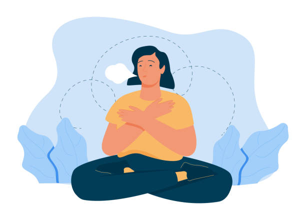 Woman makes Breathing exercise. Girl sits on the floor in pose lotus and makes a exhale. Woman makes Breathing exercise. Girl sits on the floor in pose lotus and makes a exhale. Recovery Respiratory system after illness. Health and wellbeing concept. inhaling stock illustrations