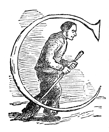 Letter C for cleaning and chores. One man does chores by mopping the floor. Illustration published 1887. Source: Original edition is from my own archives. Copyright has expired and is in Public Domain.