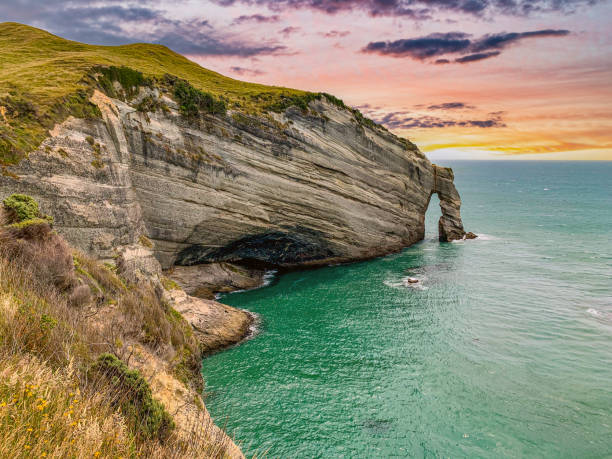 cape farewell, der blick auf farewell spit und puponga farm park tracks, neuseeland - golden bay stock-fotos und bilder