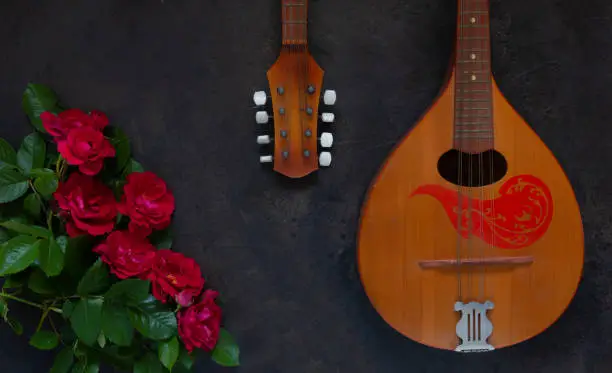 Photo of Mandolin - a stringed plucked musical instrument and a beautiful red roses