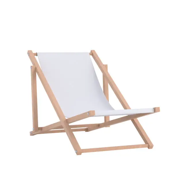 Photo of Beach chair, chaise lounge isolated. Wooden lounger with white fabric. 3d rendering