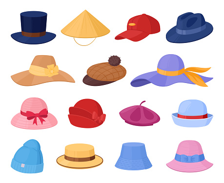 Vintage cartoon hats, retro male and female headwear elements. Ladies and gentlemen fashion hats, cylinder, cloche and bowler hat, derby vector symbols set. Retro headwear collection
