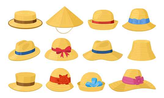 Cartoon straw hats, summer beach or farmer vintage headwear. Gardener or farm agricultural workers straw hats vector symbols illustrations set. Straw head accessories