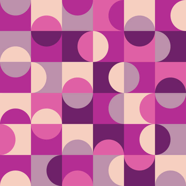 Mid century modern abstract circles seamless pattern on pink, gray and magenta squares Mid century modern abstract circles seamless pattern on pink, gray and magenta squares. For posters, wallpaper and home décor illusion pattern circle image created 1960s stock illustrations