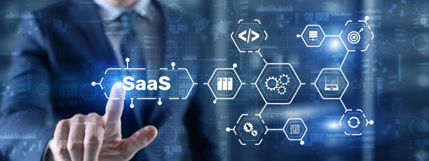 saas software as a service concept with man hand pressing text - iaas imagens e fotografias de stock