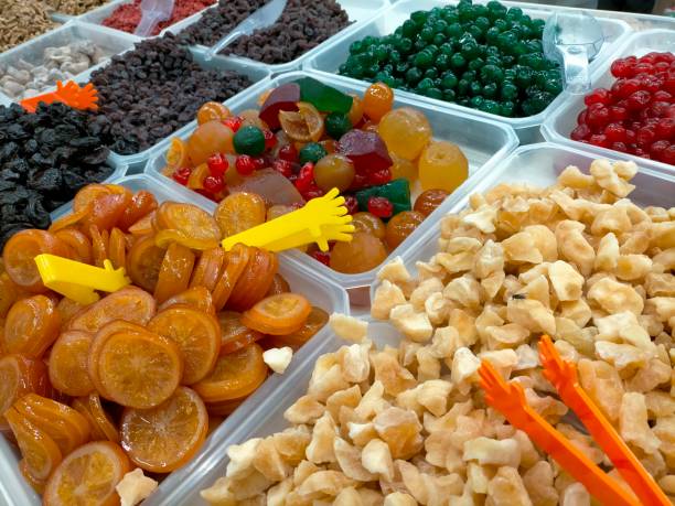 istock Candied fruit on market stall. 1405285302