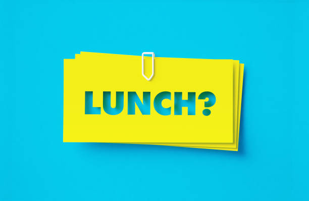 Lunch Written Cut Out Yellow Adhesive Notes Sitting Over Turquoise Background Lunch written cut out yellow adhesive notes sitting on turquoise background. Horizontal composition with copy space. lunch break stock pictures, royalty-free photos & images