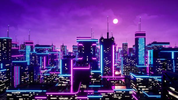 Neon city and cyberpunk concept, 3d render stock photo