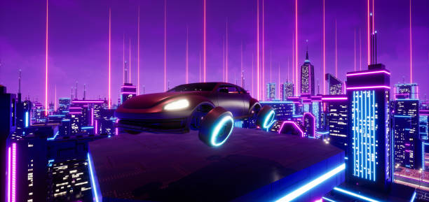 istock Futuristic transport vehicle with neon city, 3d render 1405287335