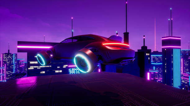 istock Futuristic transport vehicle with neon city, 3d render 1405287336