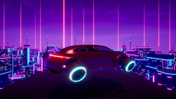 istock Futuristic transport vehicle with neon city, 3d render 1405287340