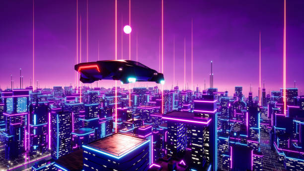 istock Futuristic transport vehicle with neon city, 3d render 1405287346