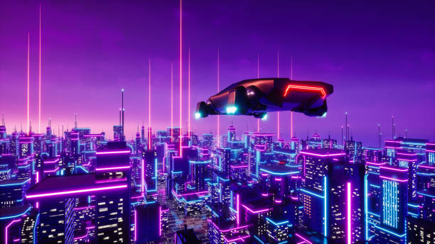 istock Futuristic transport vehicle with neon city, 3d render 1405287348