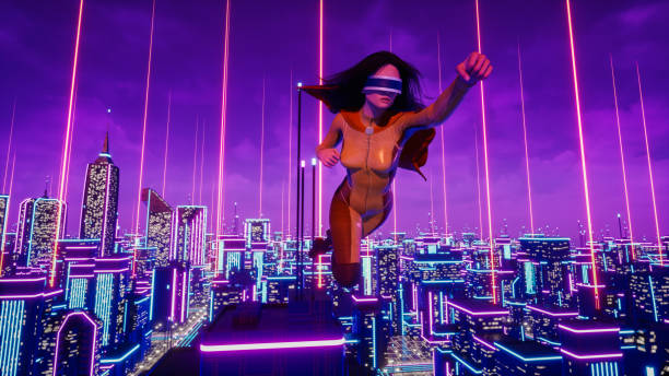 istock Super woman avatar travelling on neon city, 3d render 1405287358