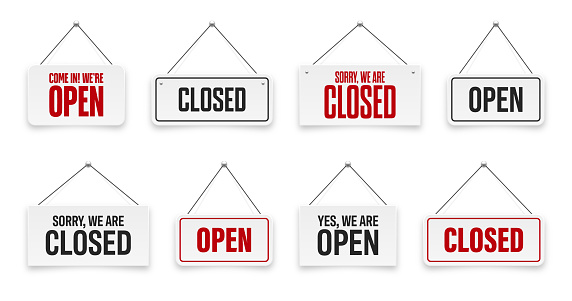 Realistic open or closed hanging signboards. Vintage door sign for cafe, restaurant, bar or retail store. Announcement banner, information signage for business or service. Vector illustration.