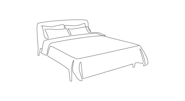 illustrazioni stock, clip art, cartoni animati e icone di tendenza di disegno continuo a una riga di letto matrimoniale icona sottile. mobili moderni e confortevoli e accoglienti per camera da letto in stile lineare semplice. tratto modificabile. doodle illustrazione vettoriale - mattress line art hotel sleeping