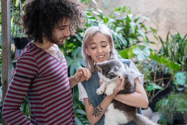 istock Non binary person and friend playing with cat 1405291727