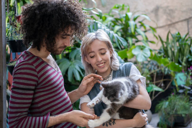 istock Non binary person and friend playing with cat 1405291732