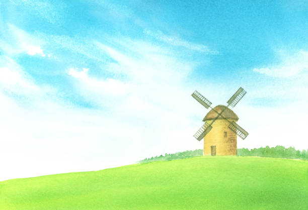 istock Watercolor illustration of landscape with a windmill 1405291733