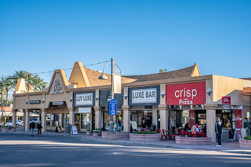 Scottsdale, AZ - December 18, 2021: Store fronts in historic Old Town Scottsdale.