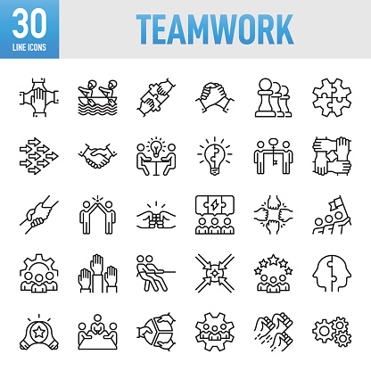 Teamwork Line Icons. Set of vector creativity icons. 64x64 Pixel Perfect. For Mobile and Web. The set contains icons: Idea generation preparation inspiration influence originality, concentration challenge launch. Contains such icons as Teamwork, Community, People, Business, Cooperation, Partnership - Teamwork, Organization, Leadership, Human Resources, Recruitment