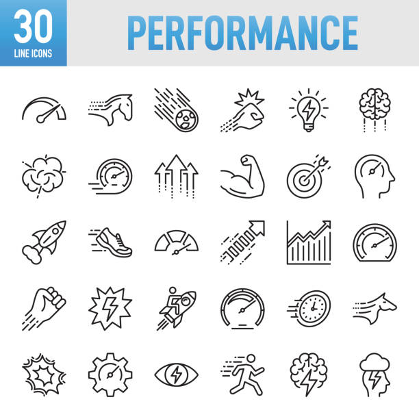 leistung - thin line vector icon set. pixel perfekt. für mobile und web. das set enthält symbole: leistung, geschwindigkeit, wachstum, stärke, verbesserung, entwicklung, geschäft, internet, laufen, effizienz, fortschritt - extra grafiken stock-grafiken, -clipart, -cartoons und -symbole