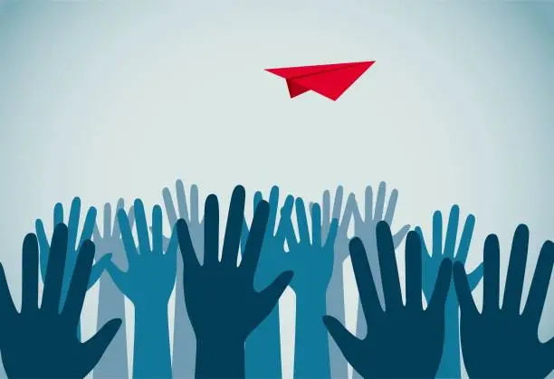 Vector illustration of A group of people scrambling for paper airplanes in the air