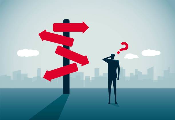 confusing sign man thinking under confusing sign, This is a set of business illustrations crossroads sign stock illustrations