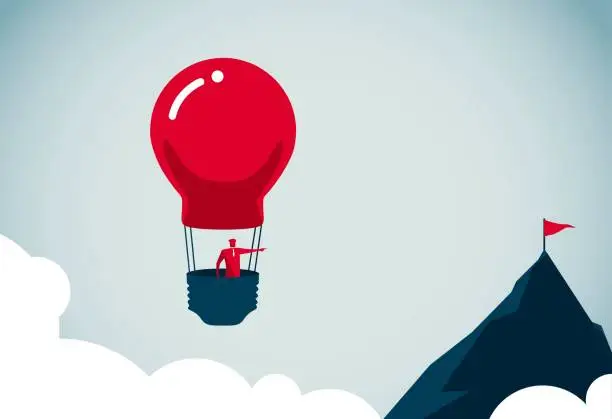 Vector illustration of hot air balloon heading to the top of the mountain
