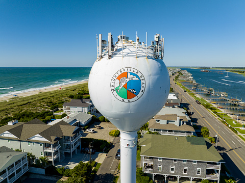 Wrightsville Beach, NC, USA - June 19, 2022: Aerial photo Wrightsville North Carolina water tower