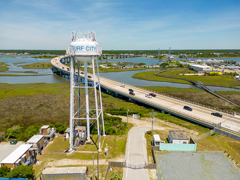 Surf City, NC, USA - June 19, 2022: Aerial photo of Surf City North Carolina USA water tower