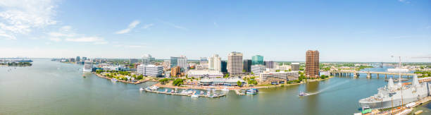 Aerial panoramic drone photo of downtown Norfolk VA USA stock photo