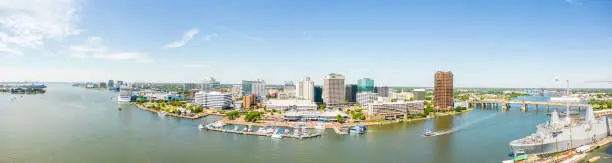 Aerial panoramic drone photo of downtown Norfolk VA USA
