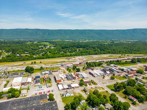 Aerial drone photo of Etowah Tennessee Polk County with mountain view