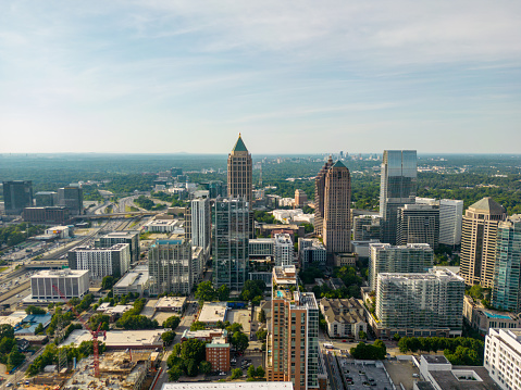 Atlanta, GA, USA - June 21, 2022: Aerial drone photo of city scene Downtown Atlanta GA USA