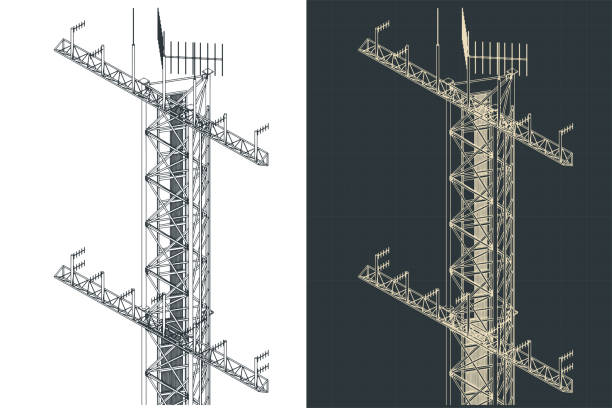 illustrazioni stock, clip art, cartoni animati e icone di tendenza di progetti isometrici della torre dell'antenna - tower isometric communications tower antenna