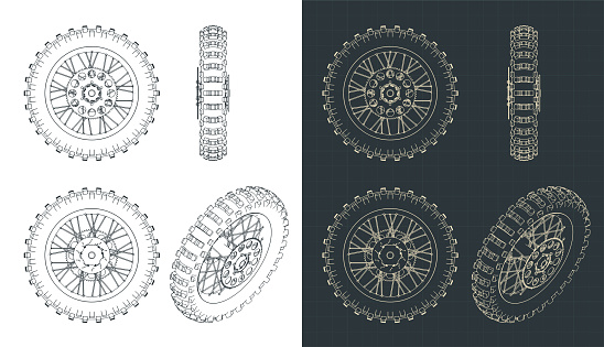 Stylized vector illustrations of blueprints of dirt bike rear wheel with disk brakes and sprocket