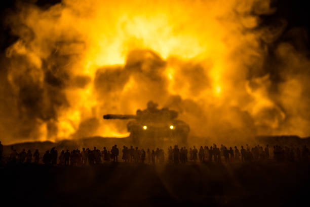 istock Creative artwork decoration war on Ukraine. Crowd looking on giant explosion and attacking soldiers. 1405298936