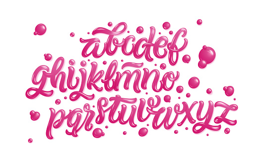 Bubble Gum Alphabet Set. Pink Font Isolated on White Background. Hand Lettering for Designs: Logo, Packaging, Card, etc. Sugar kids vector illustration.