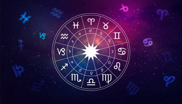 illustrazioni stock, clip art, cartoni animati e icone di tendenza di astrologia zodiacale segni zodiacali segni cerchio. illustrazione vettoriale dell'oroscopo - fortune telling astrology sign wheel sun