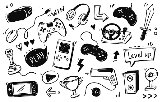Video game hand drawn doodle set. Video gamer console, joystick, gadget element