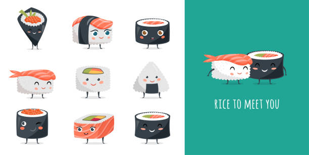 ilustraciones, imágenes clip art, dibujos animados e iconos de stock de divertido diseño conceptual de sushi con personajes de sushi. lindas ilustraciones vectoriales - sushi cartoon food wallpaper pattern