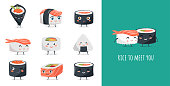 istock Funny Sushi concept design with sushi characters. Cute vector illustrations 1405308528