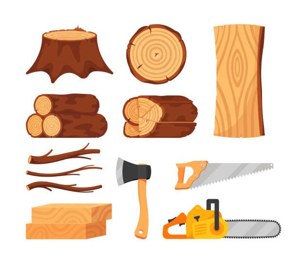 Set of Tree Logs, Wooden Planks and Tools, Timbers and Woodcutter Instruments Chainsaw, Saw, Axe. Tree Branches Heap vector art illustration