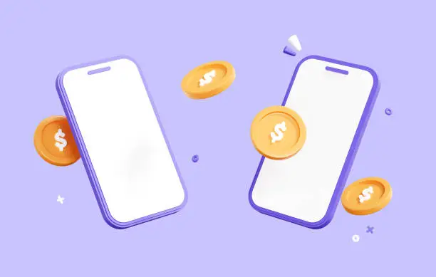 Photo of 3D Mobile phone with coin. Money transfer on smartphones. Online payment concept. Mobile wallet. Cashback and banking. Screen with empty copy space. Cartoon icon isolated on purple. 3D Rendering