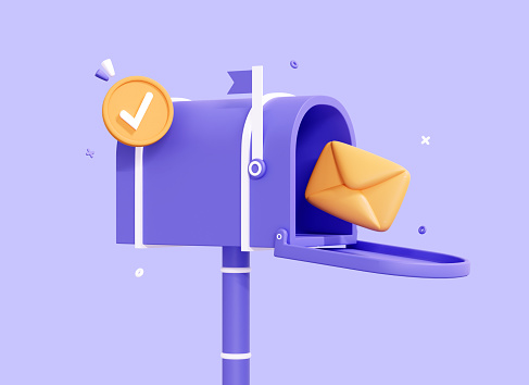 3D Cartoon Mailbox with letter in envelope and check mark. Confirmed message with tick. Newsletter concept. Sent mail or email. Cartoon postbox icon isolated on purple background. 3D Rendering