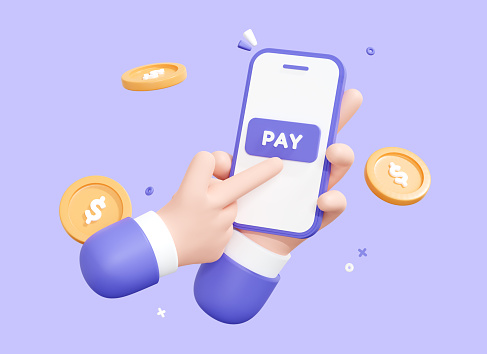 3D Hand holding Phone with button Pay. Smartphone with money coin. Online payment concept. Shopping and buy. Purchase via internet. Cartoon design isolated on purple background. 3D Rendering