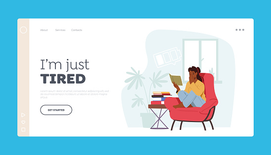 Exhausted Female Character Landing Page Template. Young Woman Yawning while Reading Book Sitting on Armchair, Student